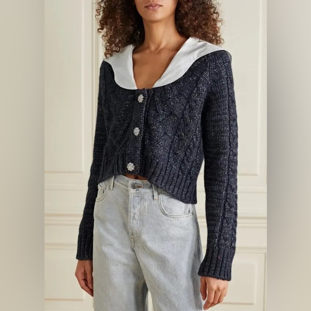 Ganni Navy Tweed Knit Cardigan with White Collar